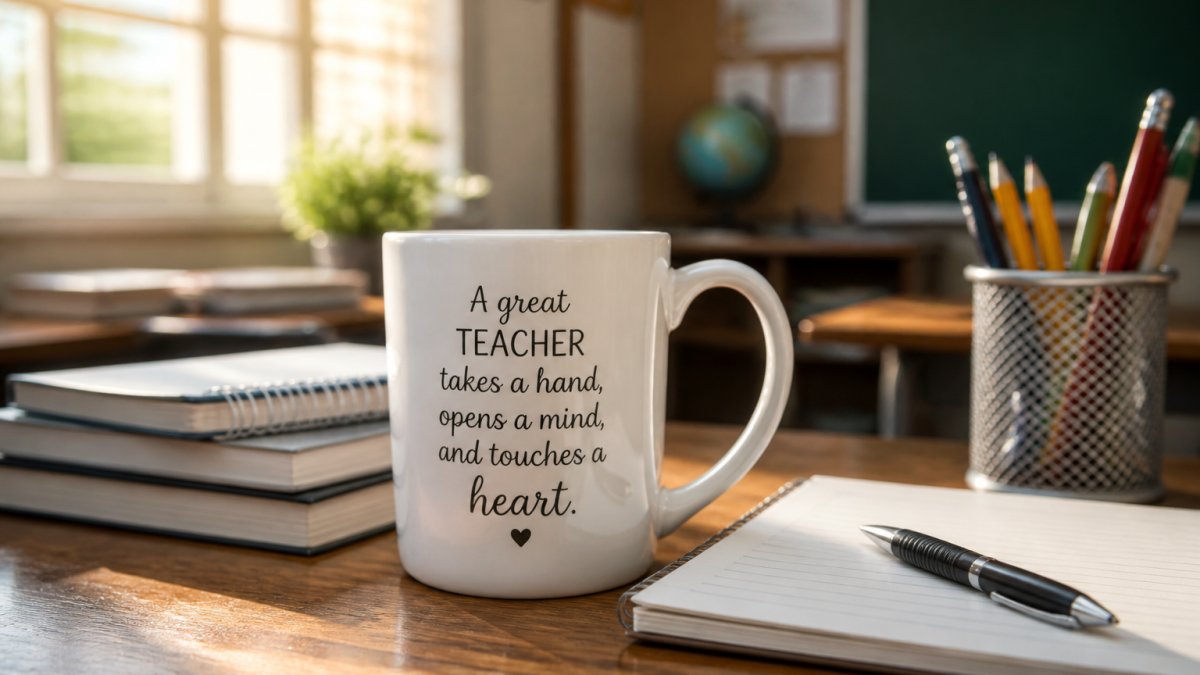 A close-up of a white ceramic mug with a warm message sitting on a wooden desk beside a notebook and pen, soft morning light coming through a classroom window