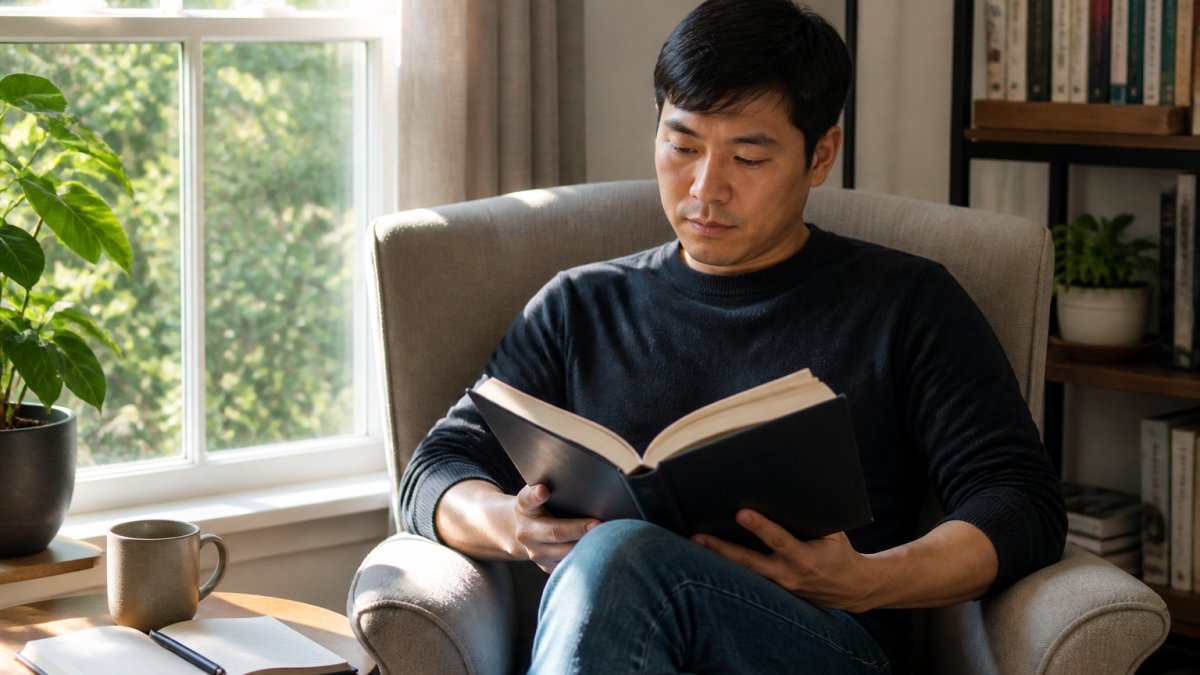 Person sitting in a comfortable reading nook with natural light streaming through a window, holding an open book with a journal and pen nearby on a small side table