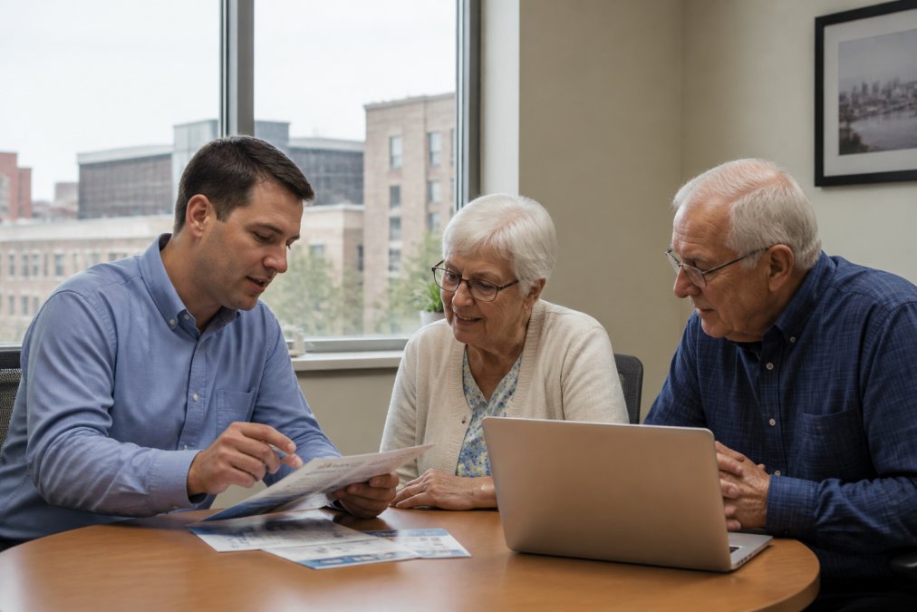 A friendly advisor in a casual office setting in Buffalo, reviewing plan documents with a senior couple at a table, a laptop showing a plan comparison website open beside them