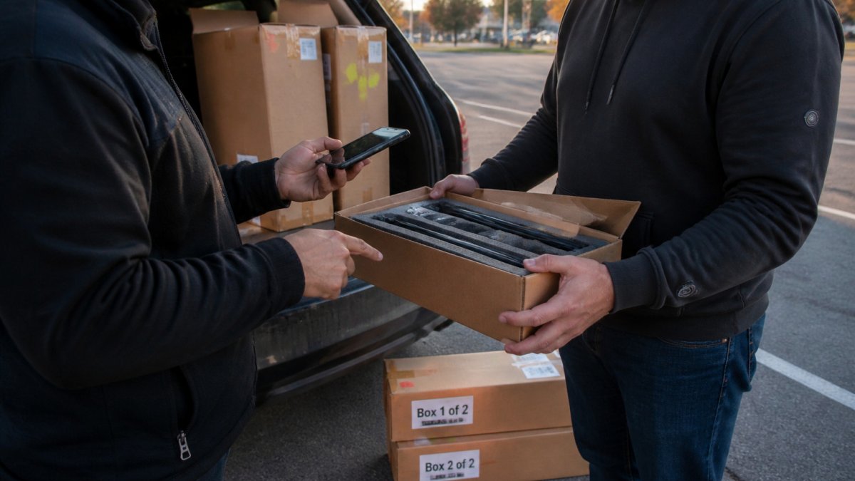 Two resellers checking for missing product components during a safe in-person exchange in a public parking lot.