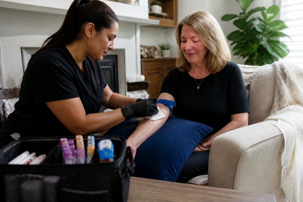 A phlebotomist in gloves applying a warm compress to a patient's arm in a comfortable home setting, with a blood draw kit nearby on a clean table
