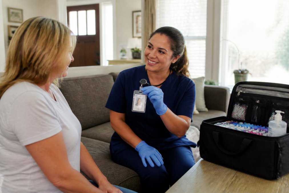 A licensed phlebotomist in professional attire showing their credential badge to a patient in a bright home living room, with a medical kit open on the table beside them