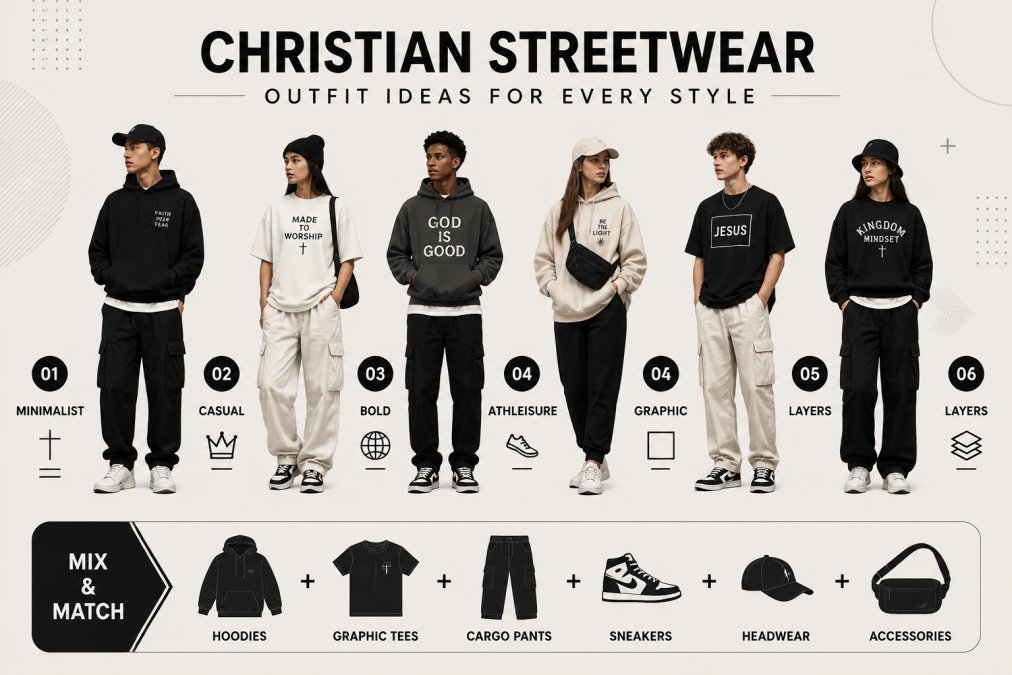 Diverse group of young adults and teenagers wearing modern Christian streetwear, oversized hoodies, graphic tees with minimalist designs, and neutral-toned pieces, posing together in an urban setting with natural daylight, showing various styling combinations