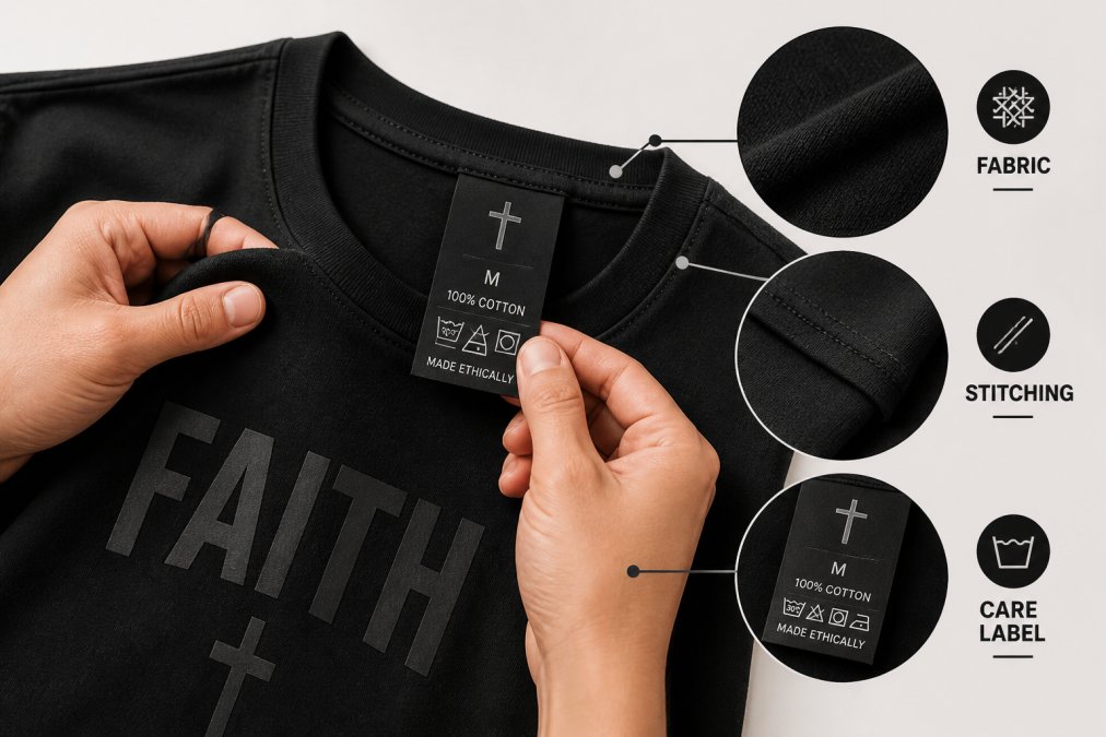Close-up of hands examining a high-quality graphic tee, showing detailed fabric texture, reinforced stitching at seams, and a clear care label on neutral background with natural lighting