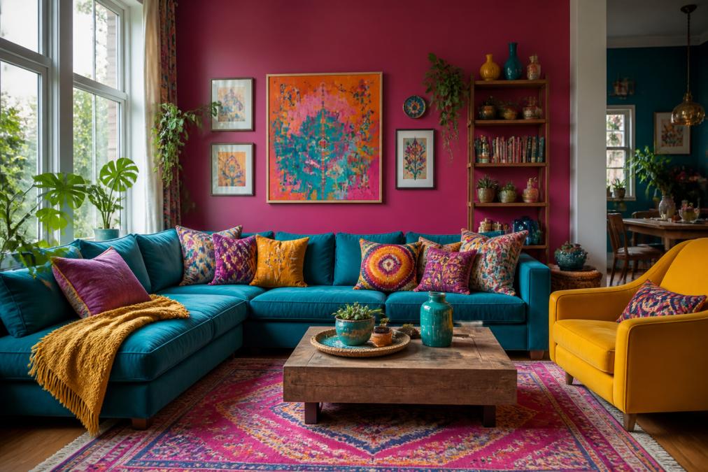 Bright, eclectic living room with saturated jewel-toned walls, layered textured throw pillows in contrasting patterns, colorful framed artwork, and vibrant decorative objects on shelves creating a warm, joyful atmosphere with natural light streaming through windows