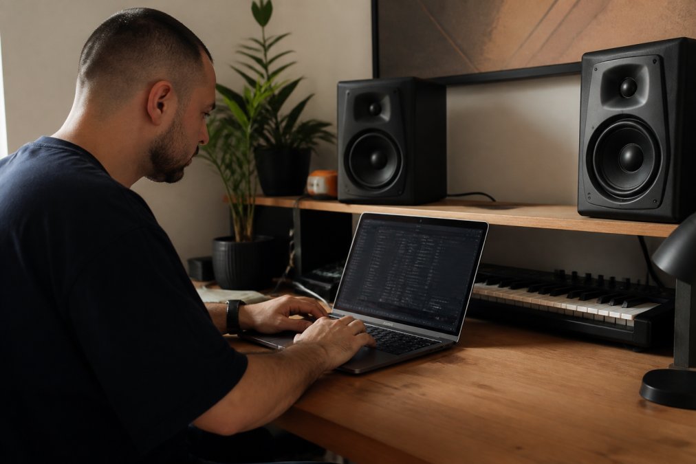 A music producer at a home studio desk organizing digital audio files on a laptop, with studio monitors and a MIDI keyboard visible in the background