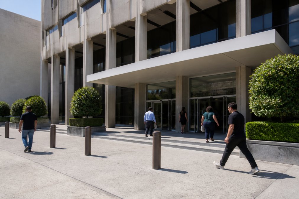 Exterior view of the Van Nuys Courthouse East building at 6230 Sylmar Ave showing the main public entrance with people walking in and out under bright morning light
