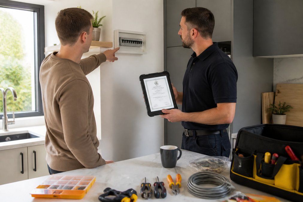 A homeowner and an electrician standing at a kitchen island, the electrician holding a tablet showing a registration certificate while the homeowner points at a consumer unit mounted on the wall behind them, soft daylight through a window
