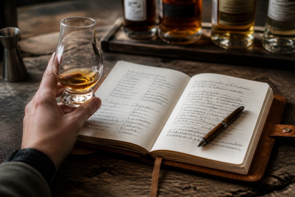 A hand holding a bourbon glass with amber liquid catching light, while a leather-bound journal lies open beside it with handwritten tasting notes visible, pen resting on the page