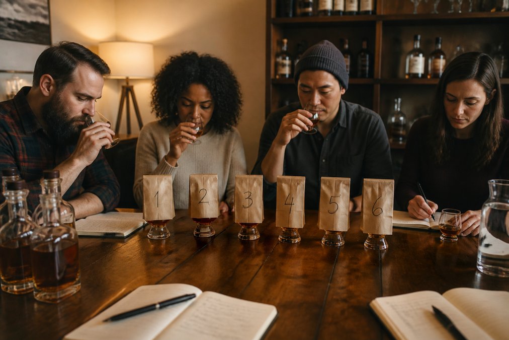 A group of four bourbon enthusiasts seated around a wooden table with six bourbon glasses arranged in a line, each glass covered with a brown paper bag and numbered with marker, notebooks and pens scattered across the table surface, warm amber light from a nearby lamp illuminating the scene