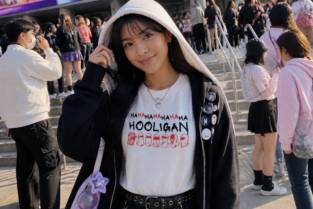 Young fan wearing layered K-Pop concert outfit with custom graphic hoodie, enamel pins, and accessories styled for an event, photographed in natural daylight