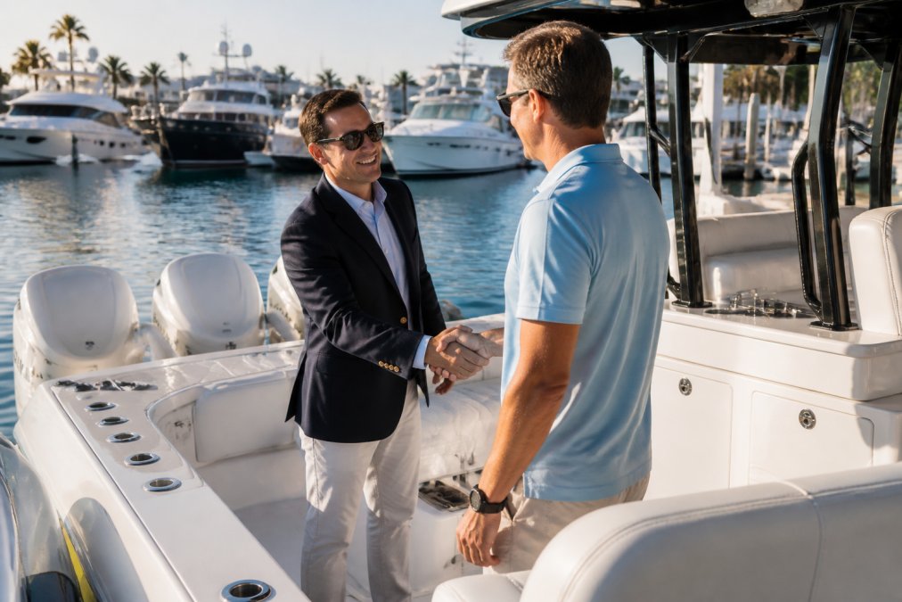 A yacht broker in a navy blazer shaking hands with a client on the aft deck of a modern center console yacht, marina and other premium vessels blurred in the background, late afternoon sunlight