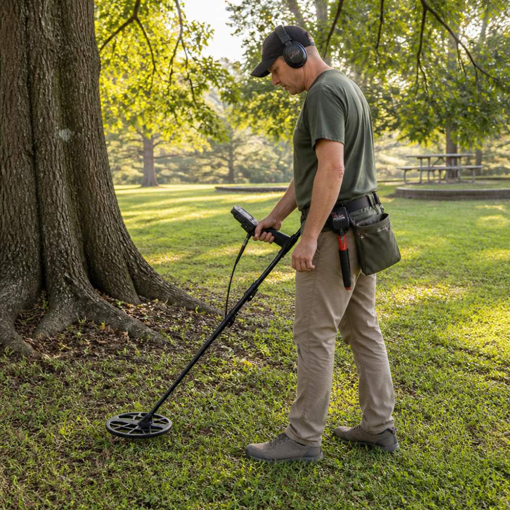 A metal detectorist sweeping a search coil over a grassy park area near a large old oak tree, with a pinpointer clipped to their belt and a canvas finds pouch, afternoon sunlight filtering through the canopy
