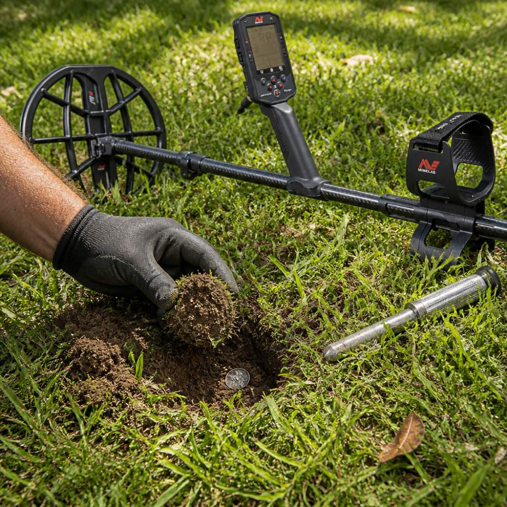 Close-up of a gloved hand carefully lifting a small circular soil plug from a park lawn, with a silver coin visible in the excavated hole and a stainless steel digging tool resting on the grass beside it, bright midday light