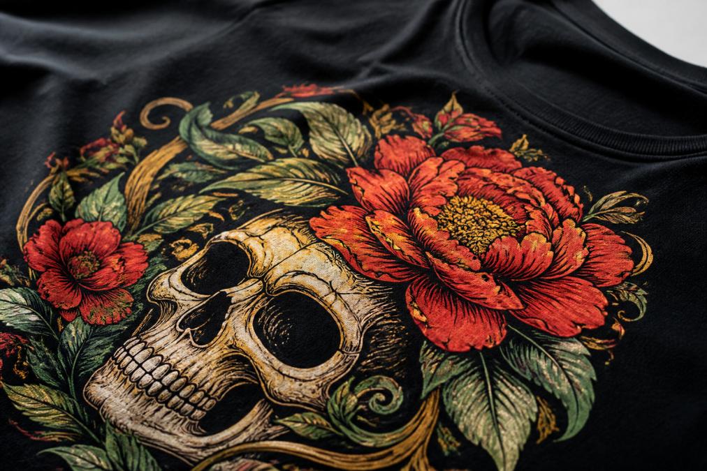 Close-up of high-quality graphic t-shirt showing detailed hand-drawn artwork with sharp print edges, vibrant colour saturation, and smooth fabric texture