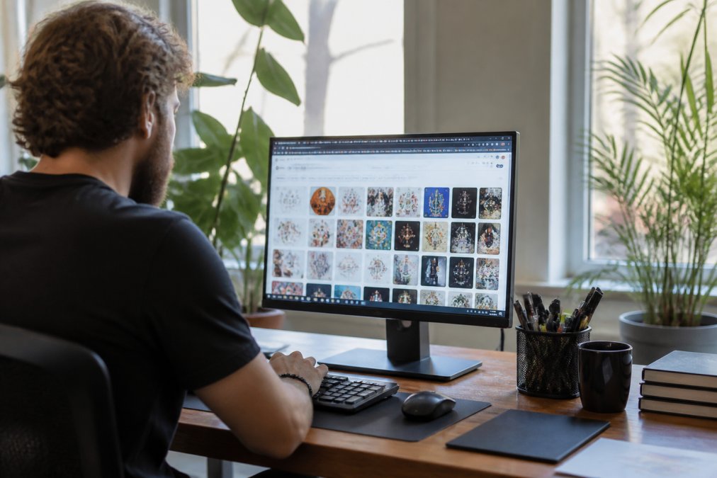 Person at desktop computer performing reverse image search on design files, multiple browser tabs visible, natural office lighting from window