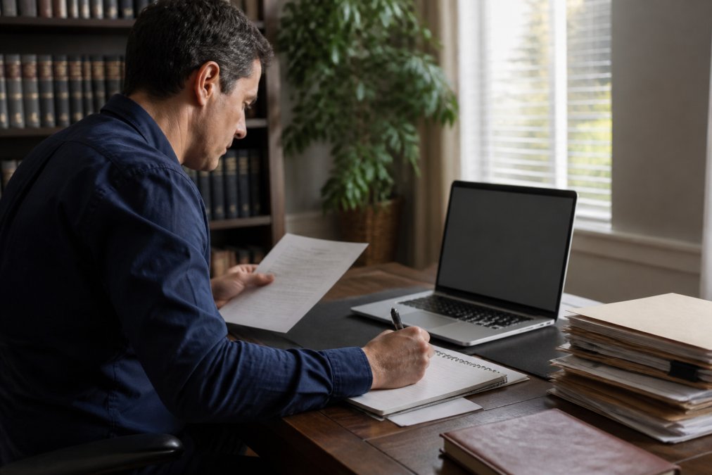 Person sitting at a desk with laptop, reviewing documents and taking notes while researching court records on screen with focused concentration