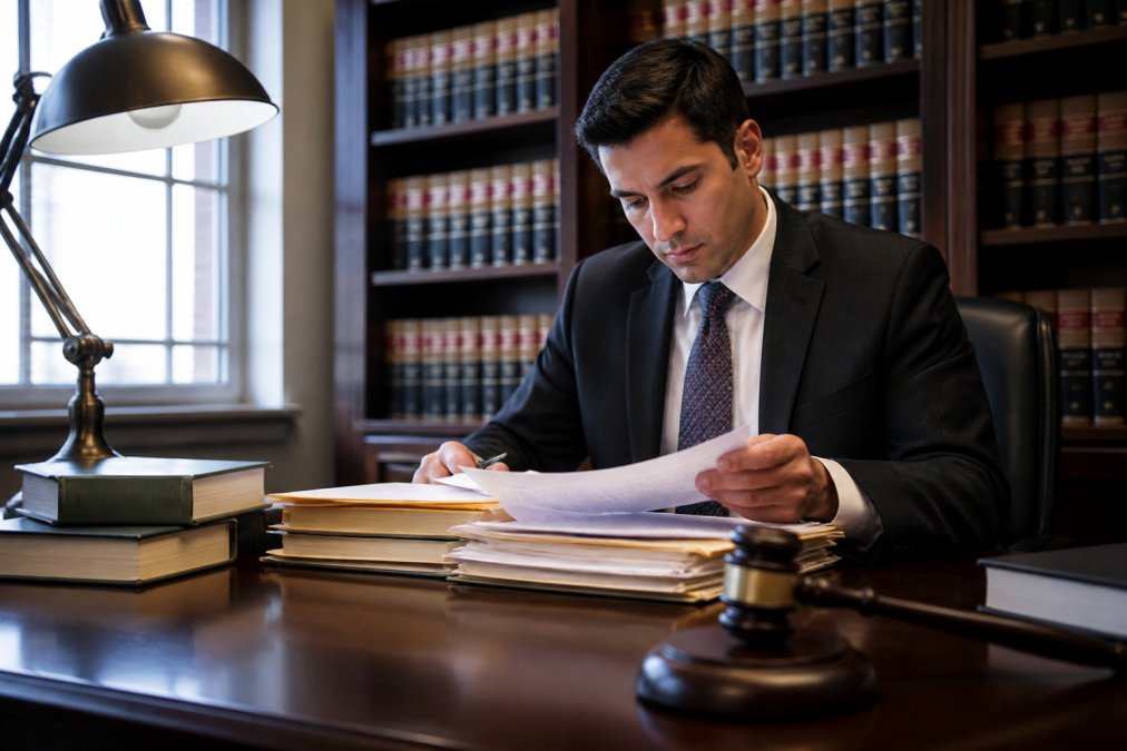Criminal defense attorney in professional office setting, reviewing case files and documents at desk with confident, focused expression and organized workspace