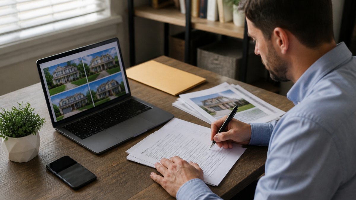 Professional at desk reviewing property documents and making notes, with a laptop showing property listings and a phone nearby for outreach calls