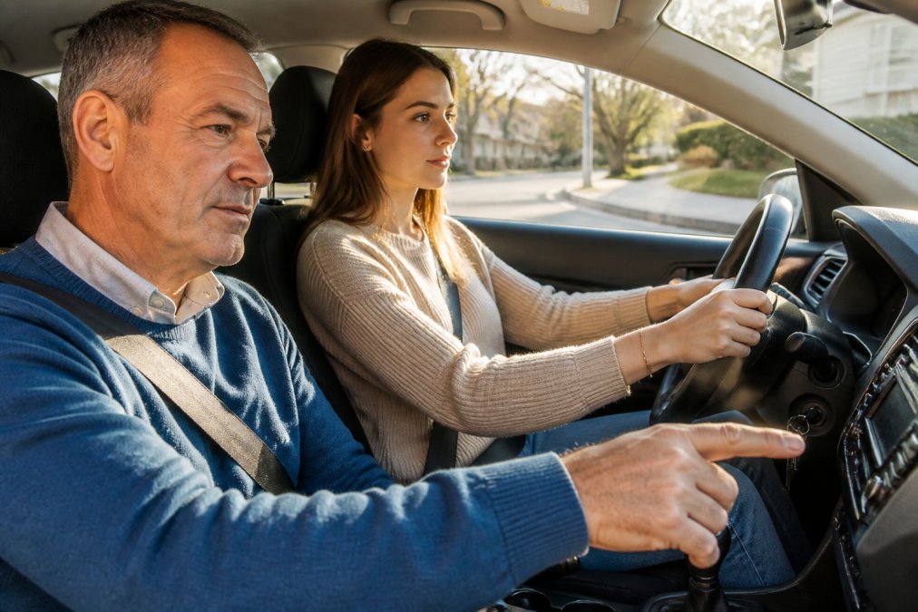 Professional driving instructor sitting calmly beside a nervous student in a dual-control vehicle on a quiet residential street, both appearing focused and relaxed, soft morning light streaming through the windows
