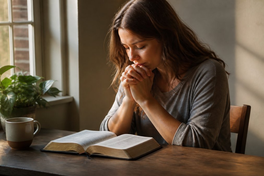 Person sitting peacefully indoors with an open Bible, hands folded in prayer, soft natural light streaming through a nearby window creating a calm, contemplative atmosphere