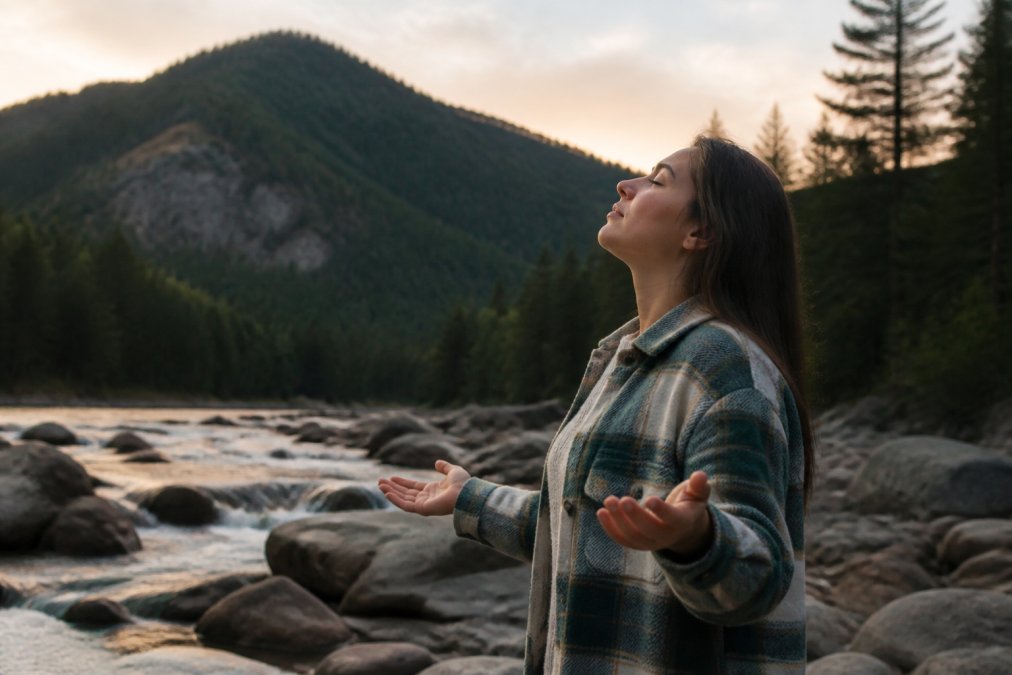 Person in a moment of peaceful outdoor reflection in nature, looking upward with a serene expression, hands open in a gesture suggesting spiritual trust and release of burdens