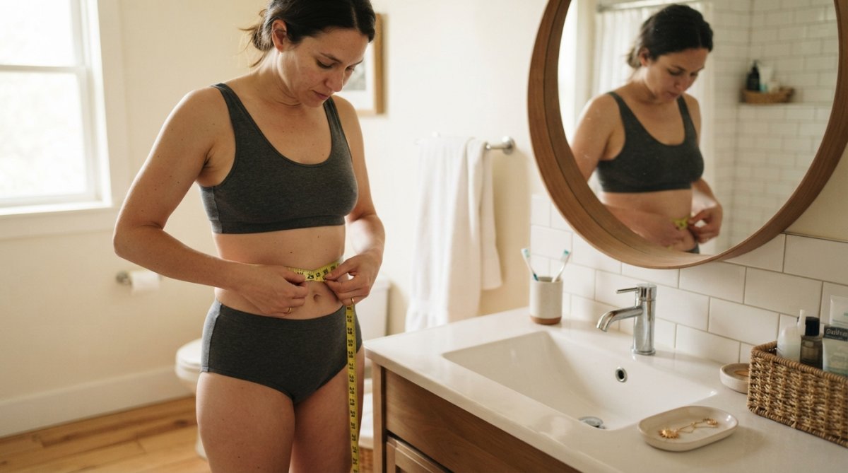 Person using a flexible tape measure around their waist while standing in front of a mirror with proper posture, wearing fitted undergarments in natural bathroom lighting