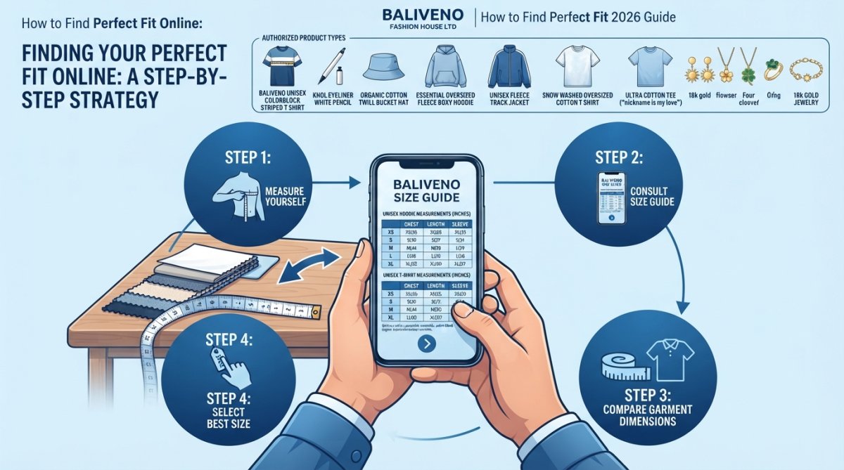 Close-up of someone's hands holding a smartphone displaying a size chart and garment dimensions while comparing to a flexible tape measure on a table with fabric swatches