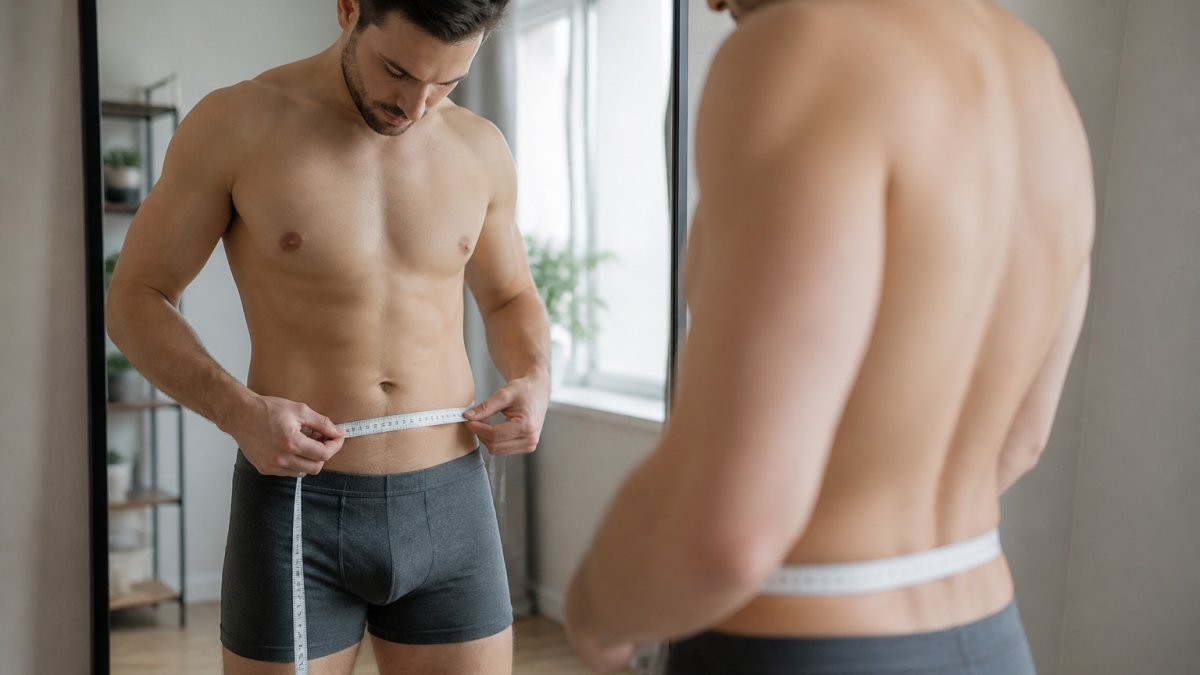 Man using a measuring tape around his waist while standing in front of a mirror, demonstrating proper measurement technique with natural lighting