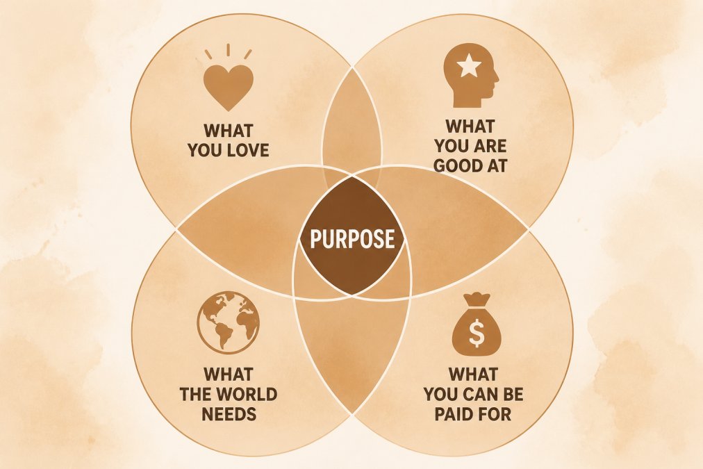 Watercolor diagram of four overlapping circles labeled: What You Love, What You Are Good At, What the World Needs, What You Can Be Paid For, with the word Purpose at the center intersection point