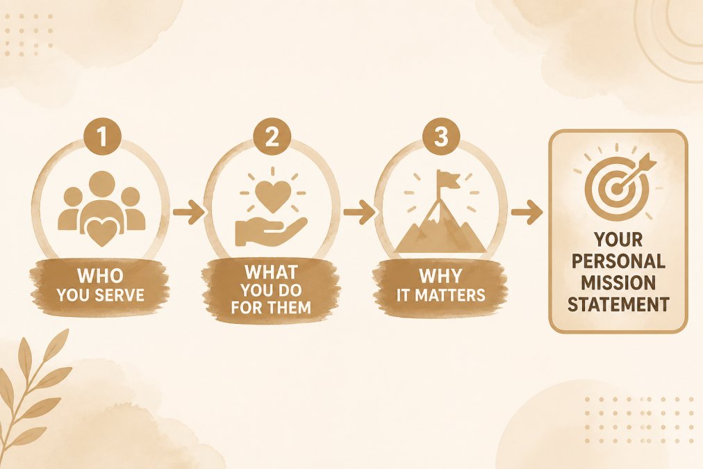 Watercolor flowchart showing three connected steps: Step 1 labeled Who You Serve, Step 2 labeled What You Do For Them, Step 3 labeled Why It Matters, with an arrow pointing to a final box labeled Your Personal Mission Statement