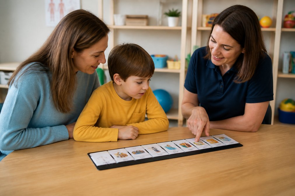 A parent and a child sitting together at a table in a bright, tidy therapy room, looking at a visual schedule while an occupational therapist points to a picture card