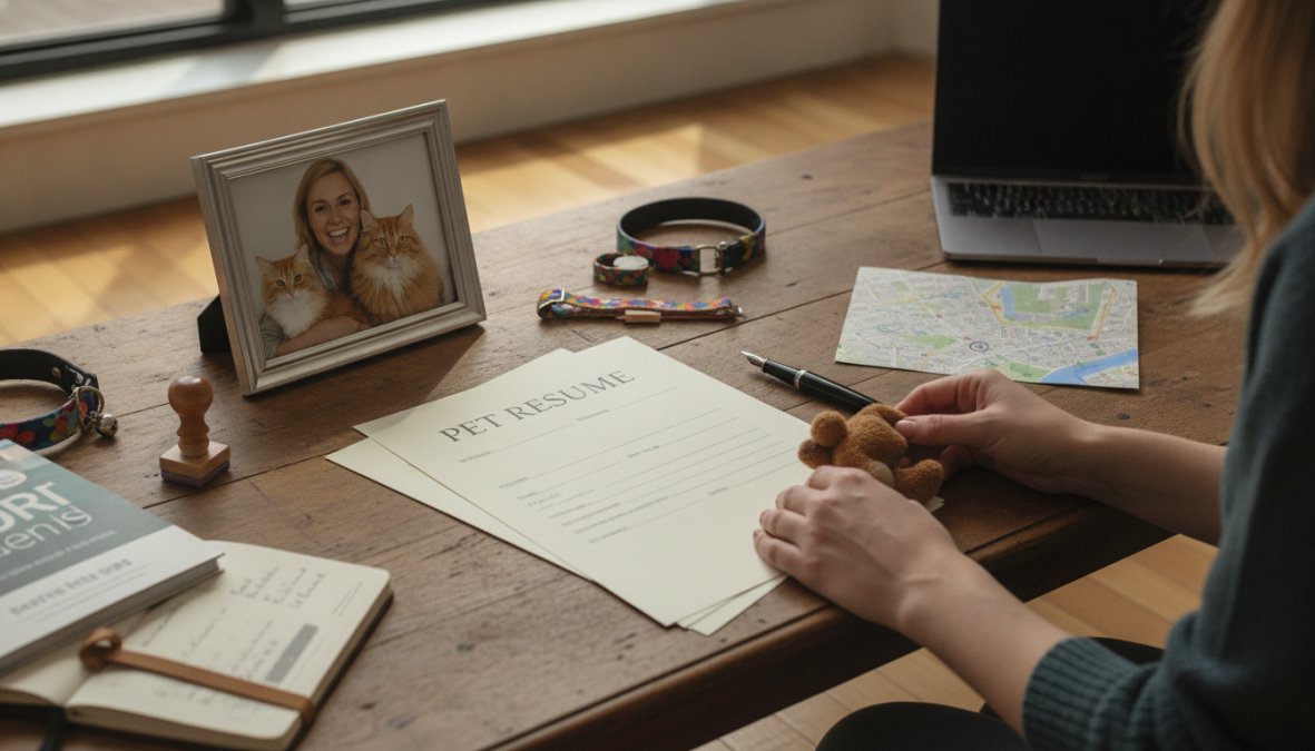How to Find Pet-Friendly Apartments: A Complete Guide 1 Person sitting at a wooden desk with a printed pet resume document and framed photos of their golden retriever, preparing rental application materials in warm natural light