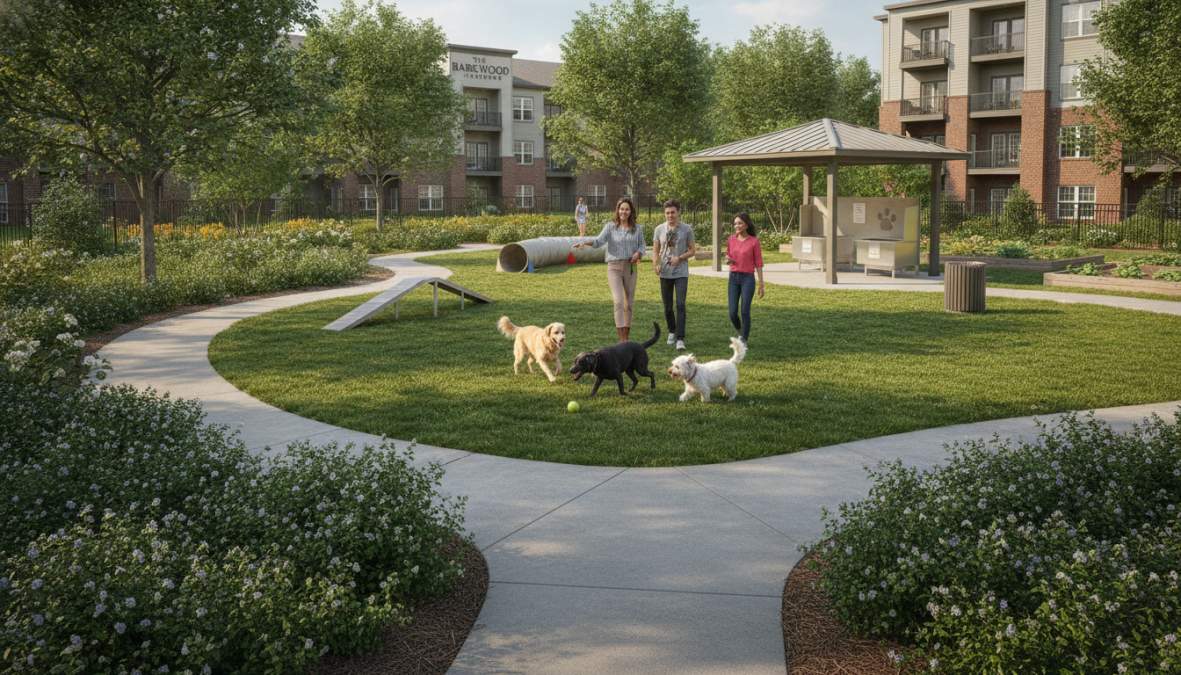 How to Find Pet-Friendly Apartments: A Complete Guide 2 Happy golden retriever running through a landscaped dog park with modern apartment buildings and palm trees in the background on a sunny Florida afternoon