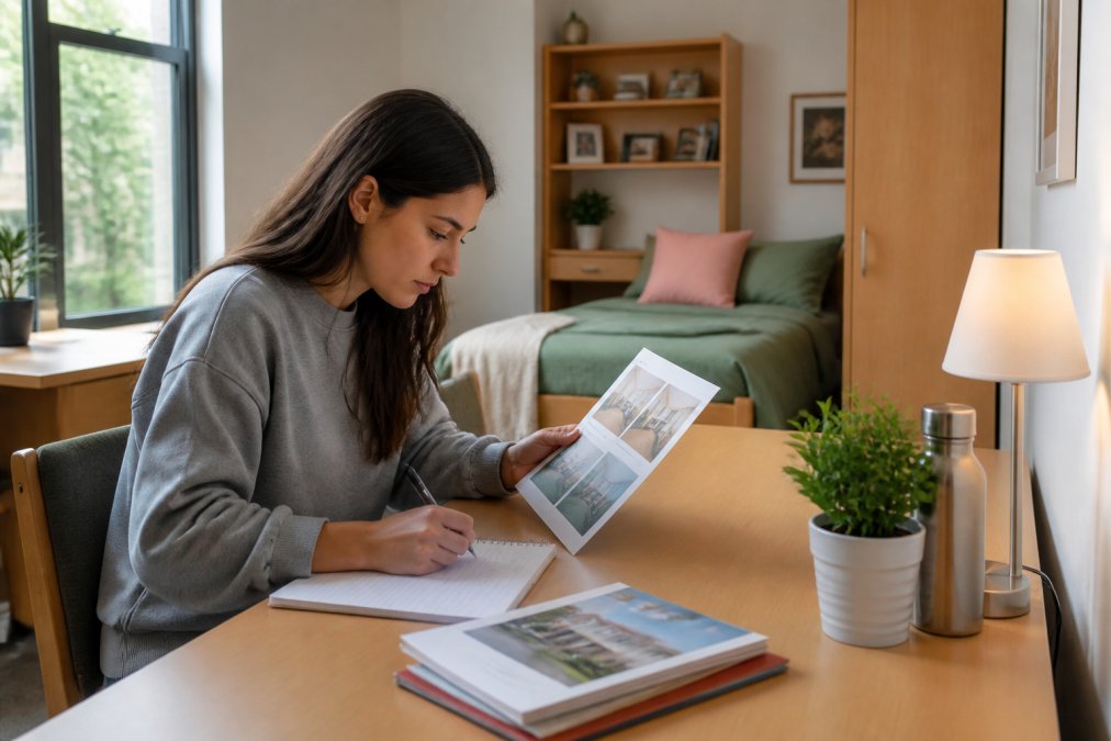 Graduate student sitting at a desk with a laptop and notebook, reviewing apartment listings and pet-friendly housing options online in a bright, quiet dorm room