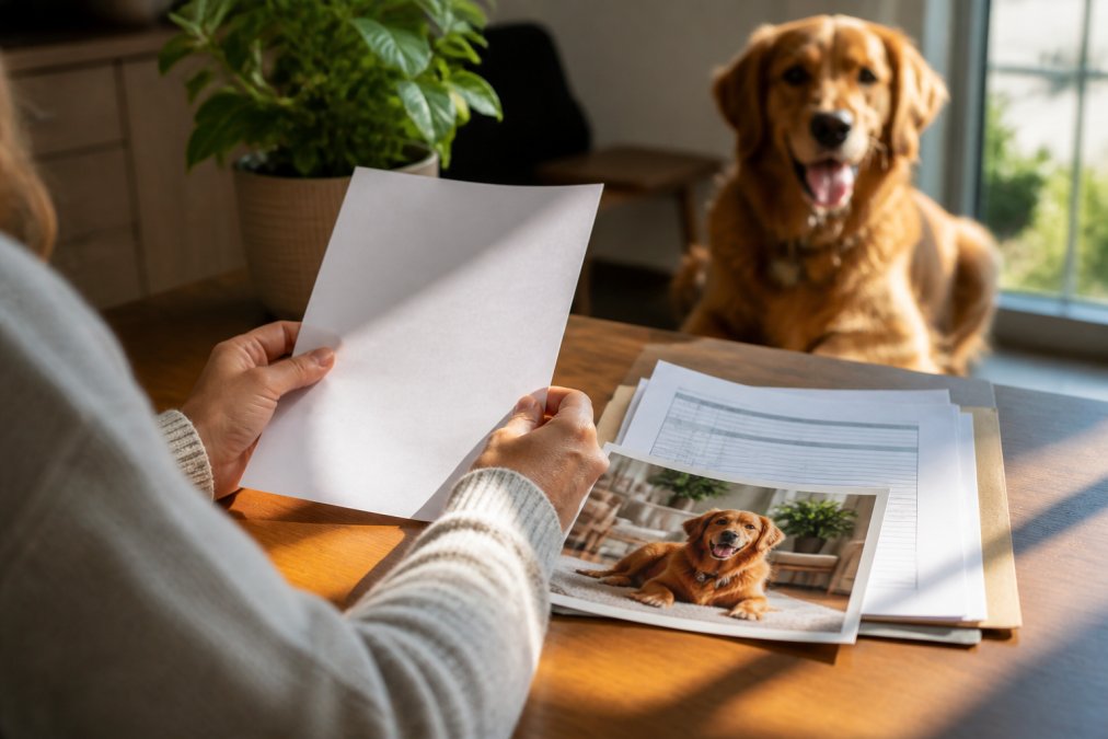 Close-up of hands holding a pet resume document alongside veterinary records and a recent photo of a well-behaved dog in a sunny home office setting