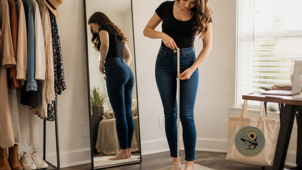 Woman standing in front of a mirror holding a measuring tape against her inseam, demonstrating proper measurement technique from hip to ankle, wearing fitted clothing to show proportions clearly