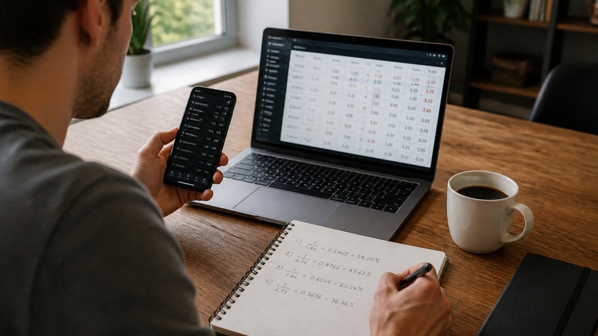 Sports bettor reviewing odds across multiple sportsbooks on laptop and phone screens, notepad with probability calculations, coffee cup on desk with natural window lighting