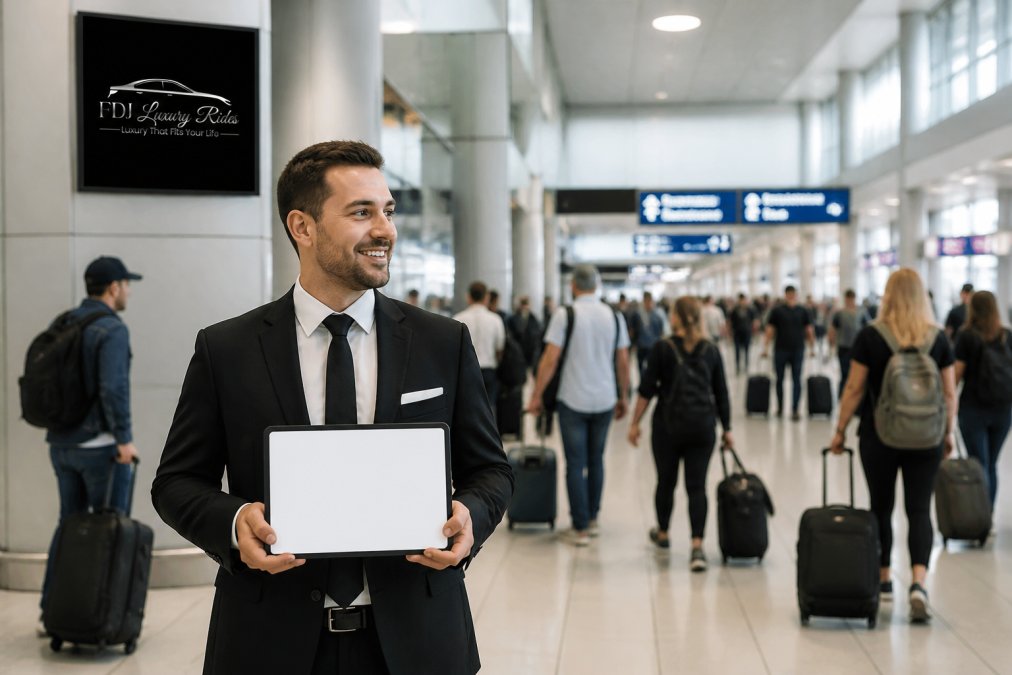 Professional driver in business attire holding a nameplate sign in a busy airport arrivals terminal, with travelers and luggage visible in the background