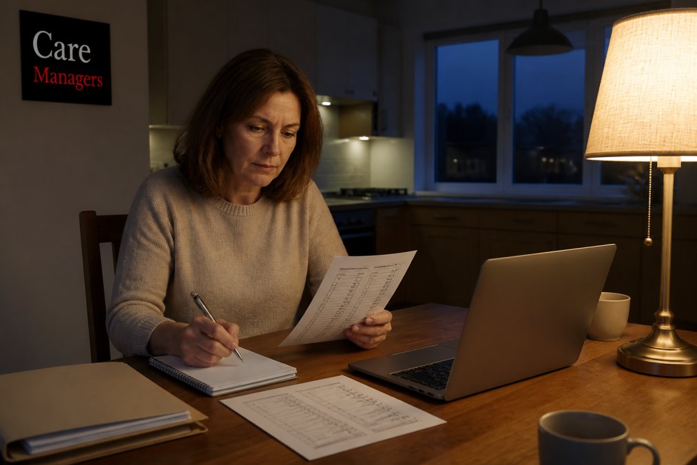 An adult daughter sitting at a kitchen table at dusk with a notepad, laptop and printed care checklists in front of her, reviewing paperwork while a lamp lights the scene