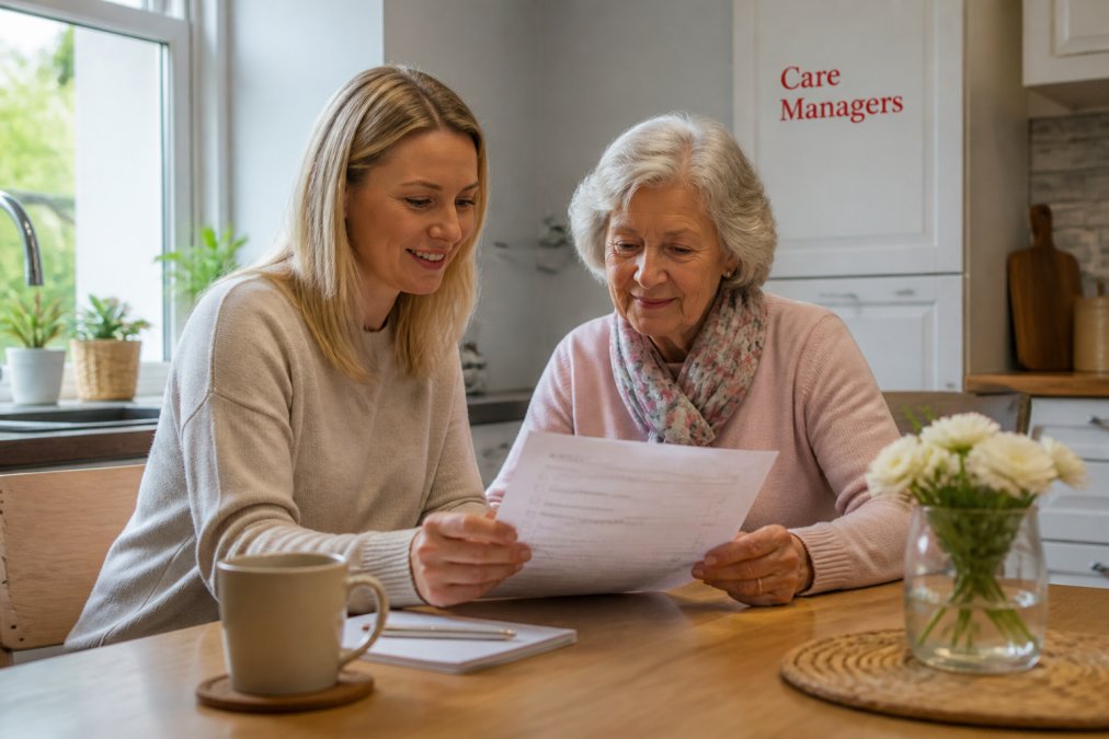An adult daughter sitting with her elderly mother at a kitchen table, reviewing a printed care checklist together, warm natural light through the window, both looking calm and engaged