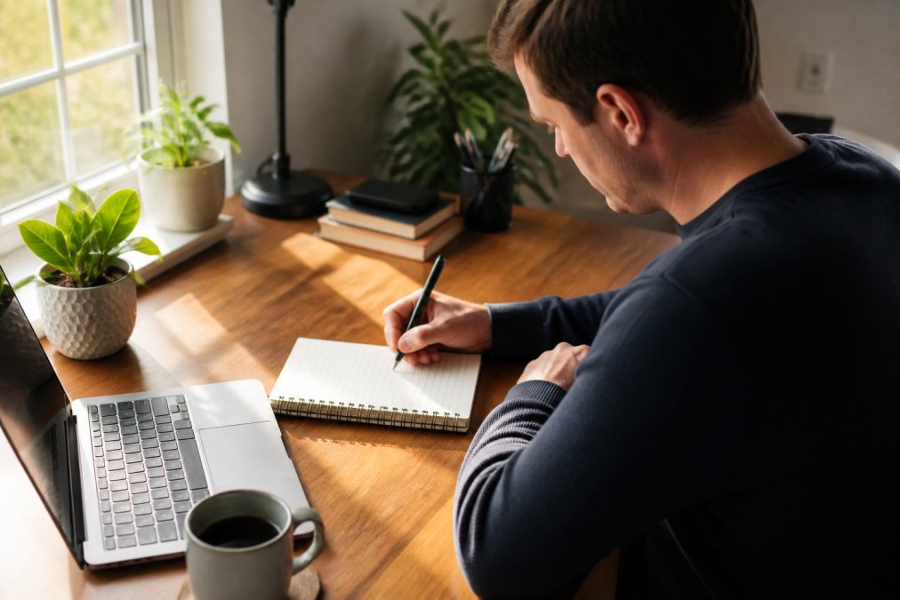 Man holding a pen and looking at a notebook beside a laptop and coffee