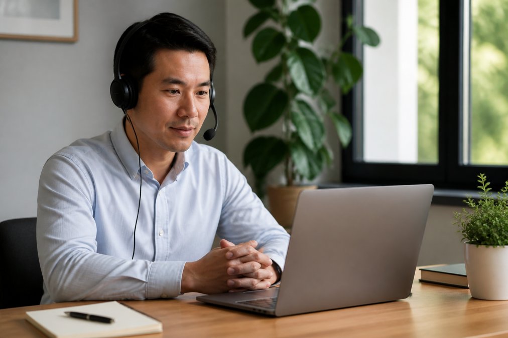 Man wearing a headset and listening attentively during a video call on a laptop