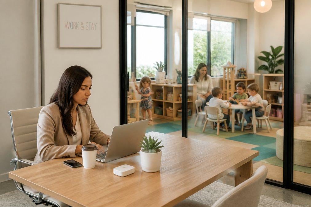 Parent working at laptop desk in bright, modern office space with glass partition showing children engaged in supervised activities in adjacent colorful play area with natural lighting