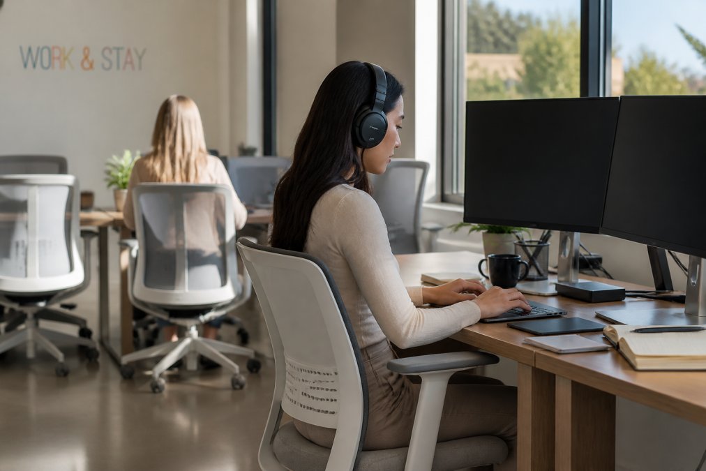 Professional wearing noise-canceling headphones at dedicated desk in quiet zone of modern coworking space, focused on dual monitors with natural window lighting, minimal visual distractions