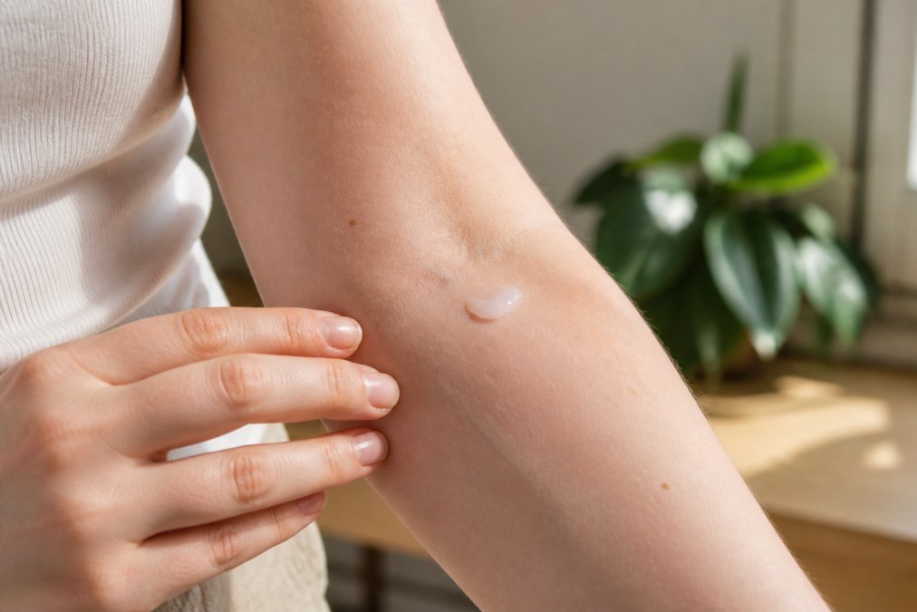 Close-up of a person's inner arm showing a small amount of skincare product applied to pale skin for testing, with natural daylight illuminating the test area