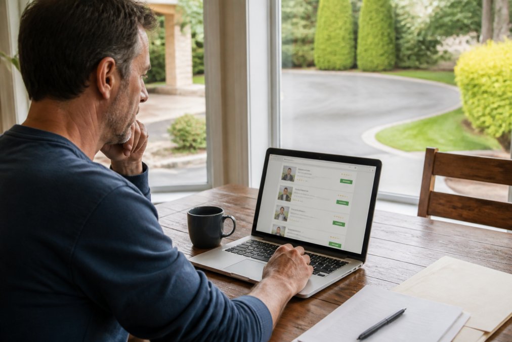 Homeowner reviewing contractor profiles and quotes on a laptop at home, with concrete driveway visible through the window in natural daylight
