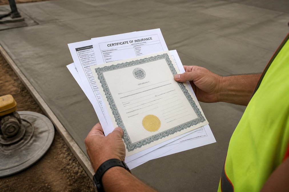 Close-up of contractor's hands holding certification documents and insurance paperwork at a job site with concrete surface in background