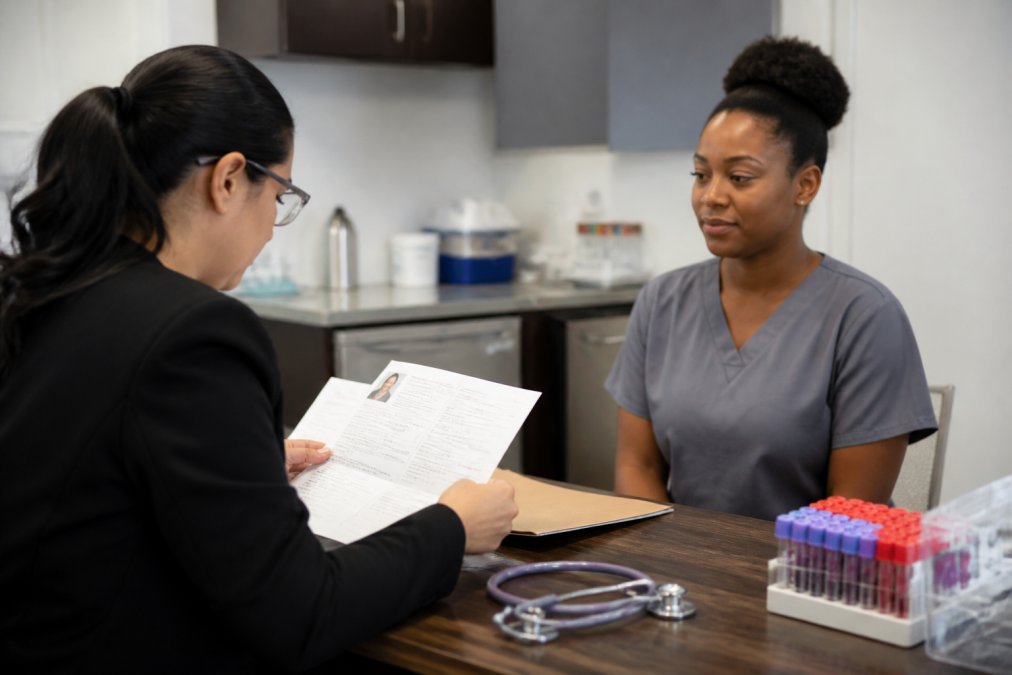 Hiring manager reviewing credentials and resumes of professional phlebotomists at a desk with medical supplies
