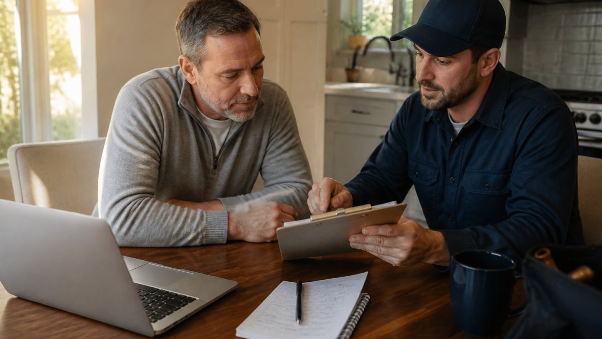 Checklist for interviewing a professional for repipe services at a kitchen table with a plumber.